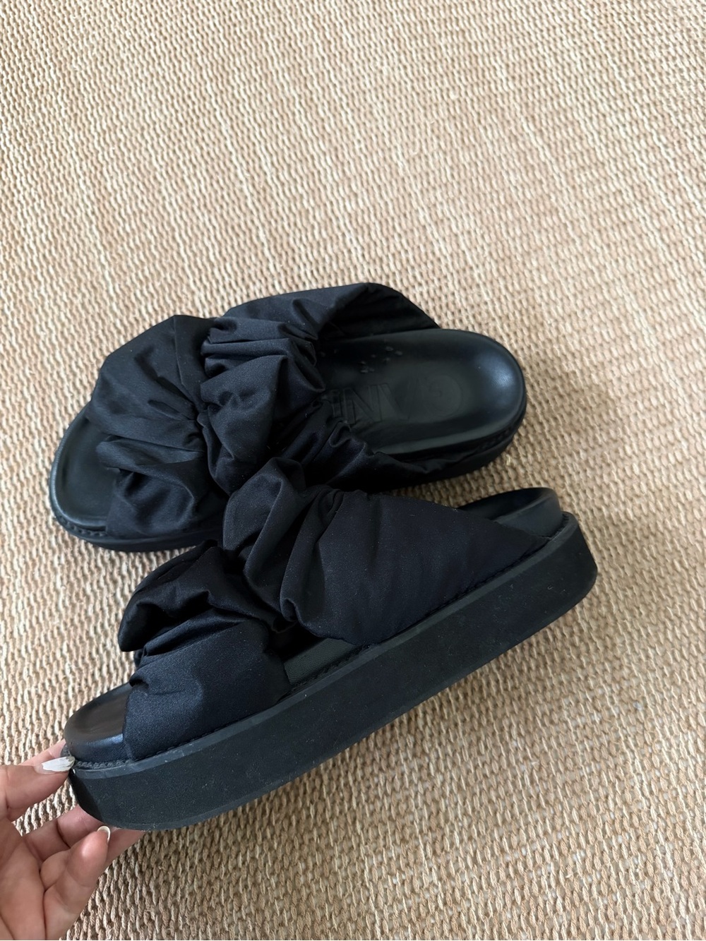 Ganni Black Ruched Platform Slide Mules